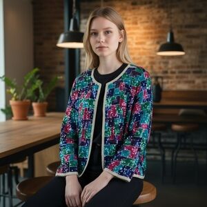 Vintage Colorful Geometric Colorblock Sequin Jacket | Tag Size 2XL